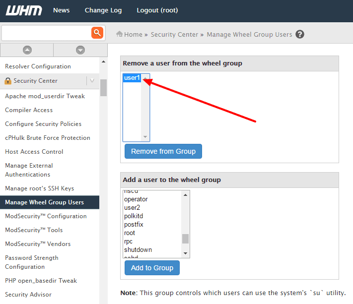 WHM : ajouter l'utilisateur au Wheel Group
