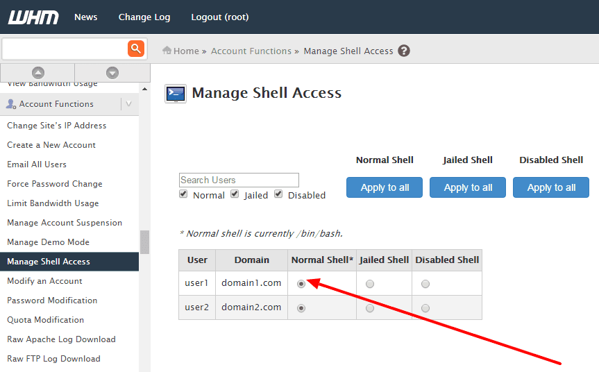 WHM: configurer l'accès ssh de l'utilisateur