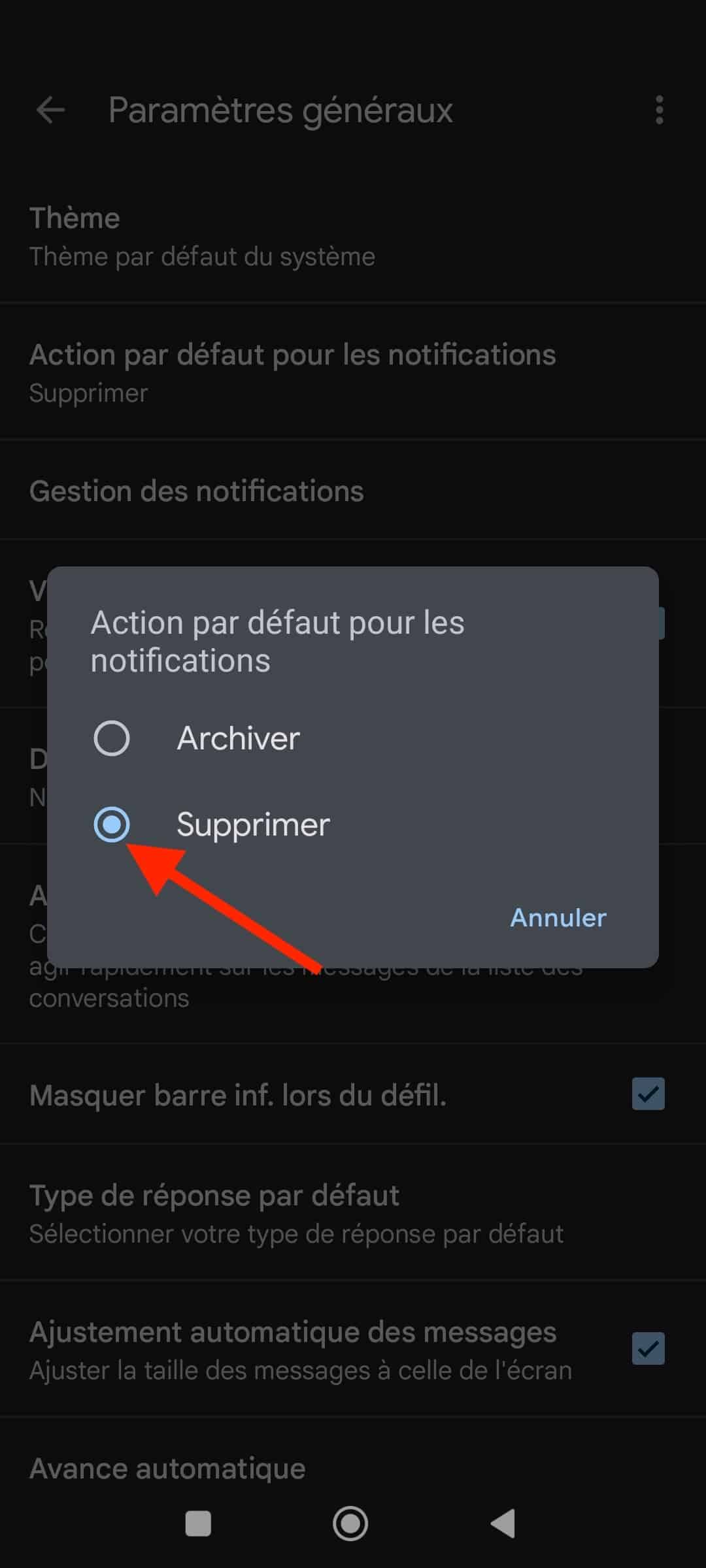 Paramètres généraux de Gmail : choisir Supprimer comme action par défaut des notifications