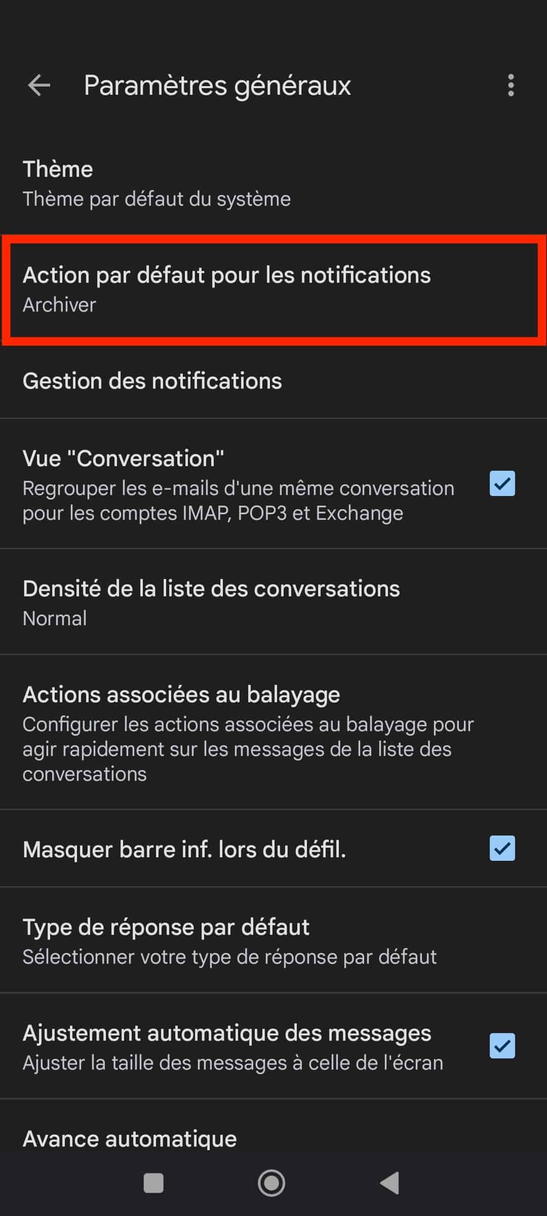 Paramètres généraux de Gmail : action par défaut des notifications