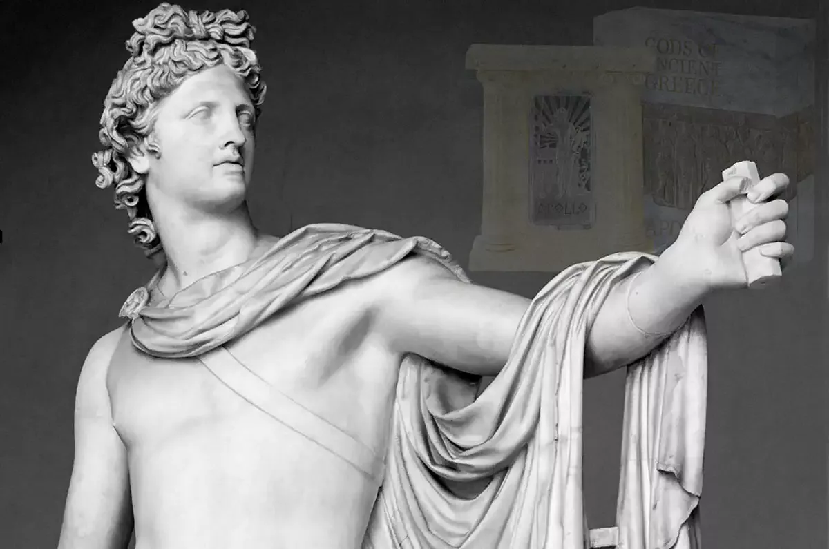 A black and white photo of the statue of Apollo.