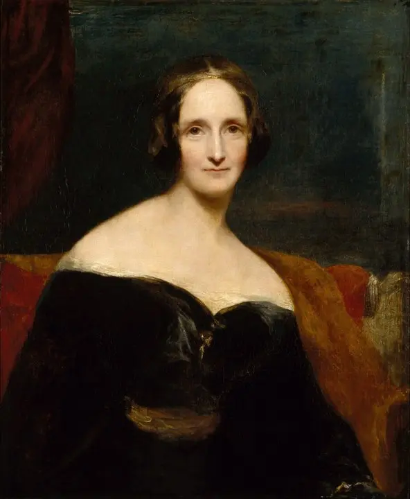 An English Romanticism painting of Mary Shelley sitting on a couch.