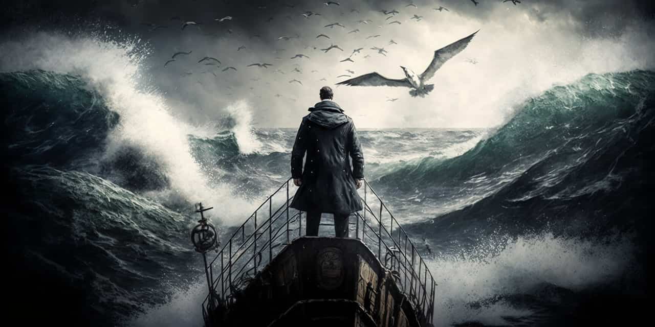 An image of a man standing on a boat in the ocean with an albatross flying, inspired from The Rime of the Ancient Mariner by Samuel Taylor Coleridge.