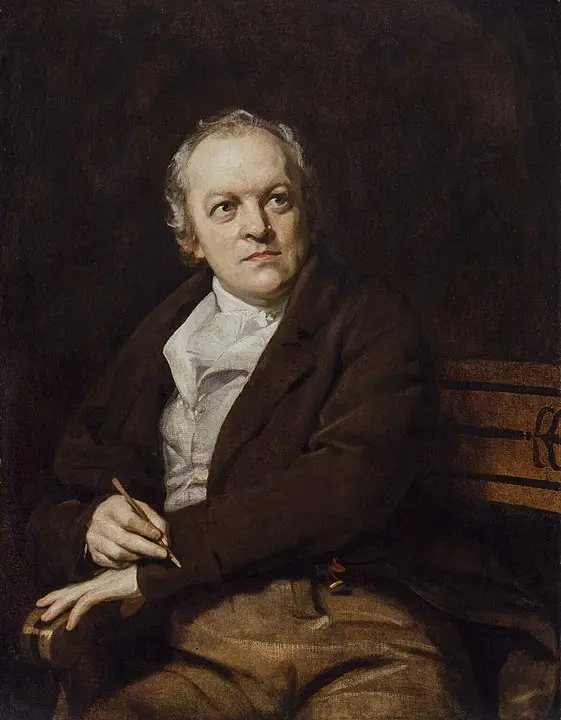 An English Romanticism painting of William Blake sitting on a bench.