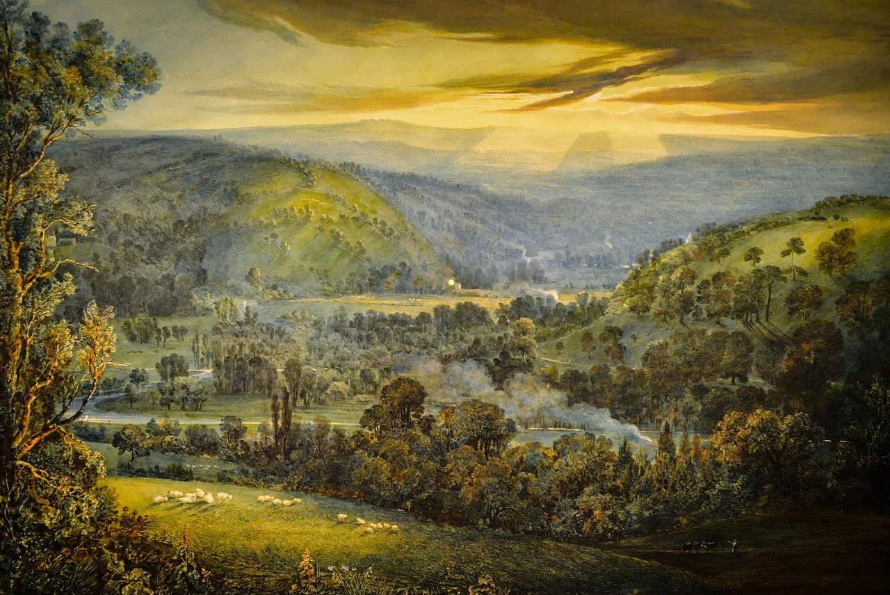 An English Romanticism painting of a landscape with trees and hills. William Turner, Dawn in the Valleys of Devon.