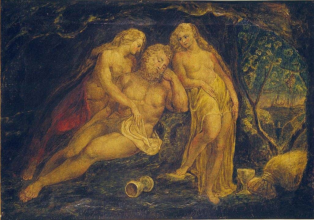 A painting of three women and a man in the woods, showcasing the essence of English Romanticism. William Blake Lot and His Daughters Butlin 381