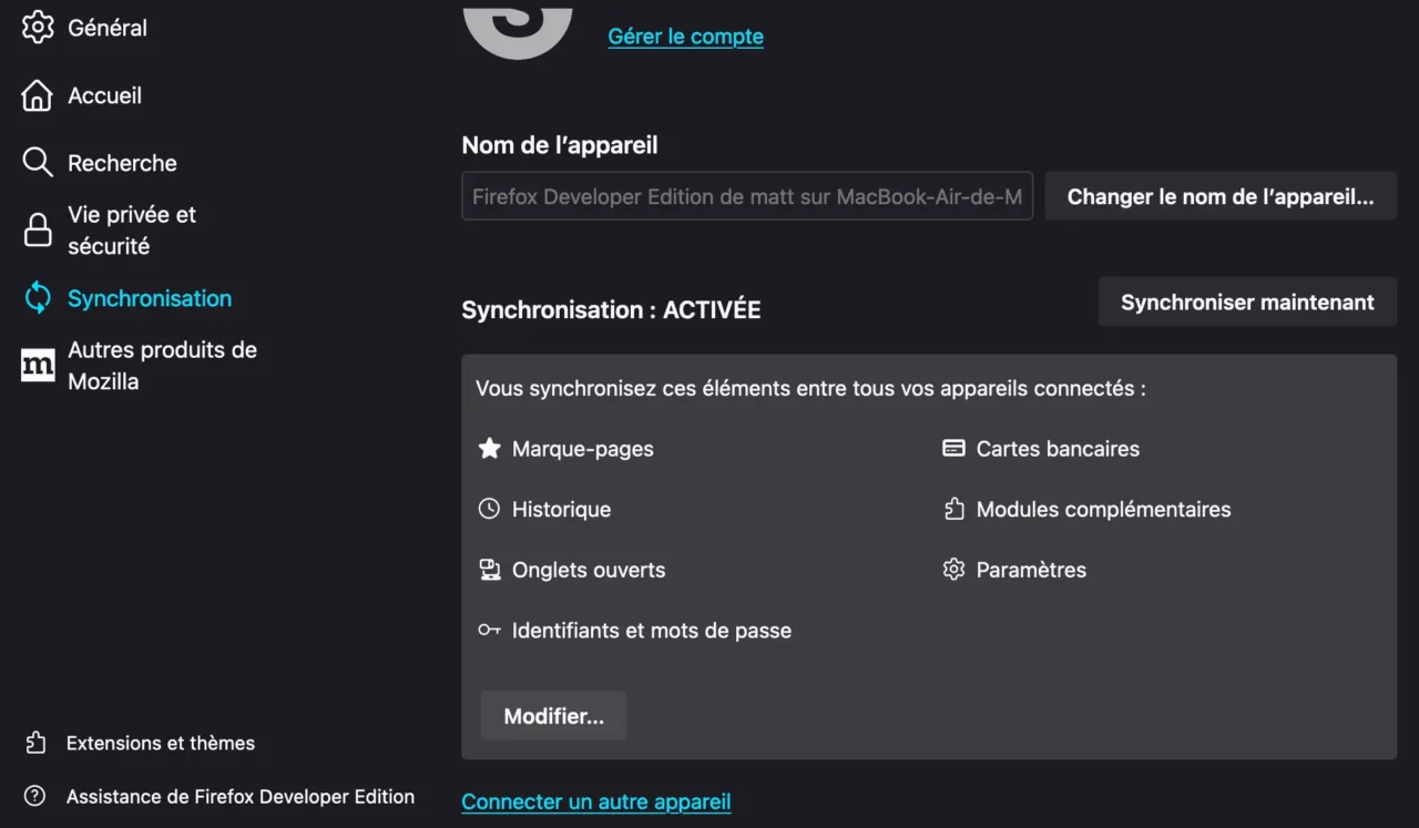 A screenshot of the Firefox Sync settings in Firefox.