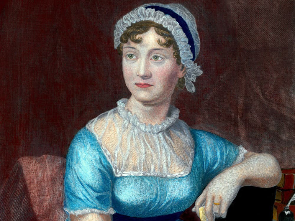 An exquisite English Romanticism painting  featuring Jane Austen adorned in a stunning blue bonnet.