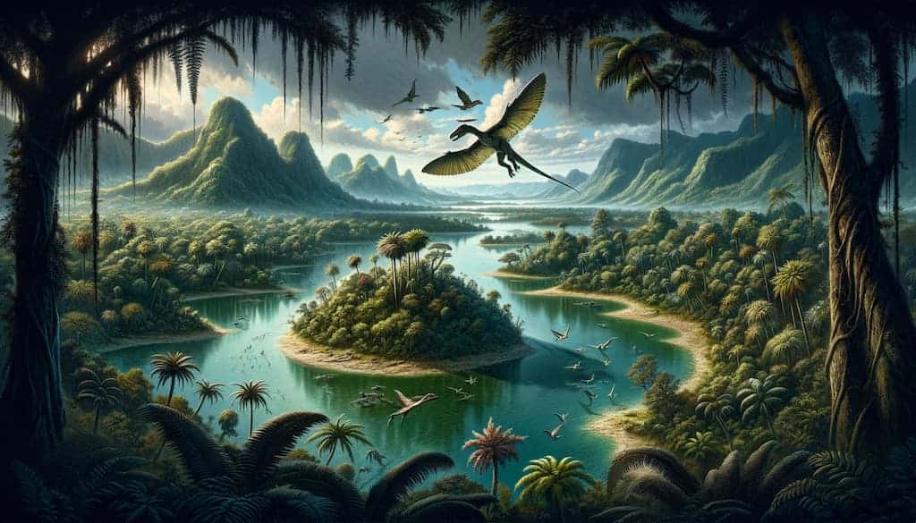 Une peinture représentant une île dans la jungle survolée par un dragon, inspirée des paysages d'un autre monde trouvés dans Monde Perdu.