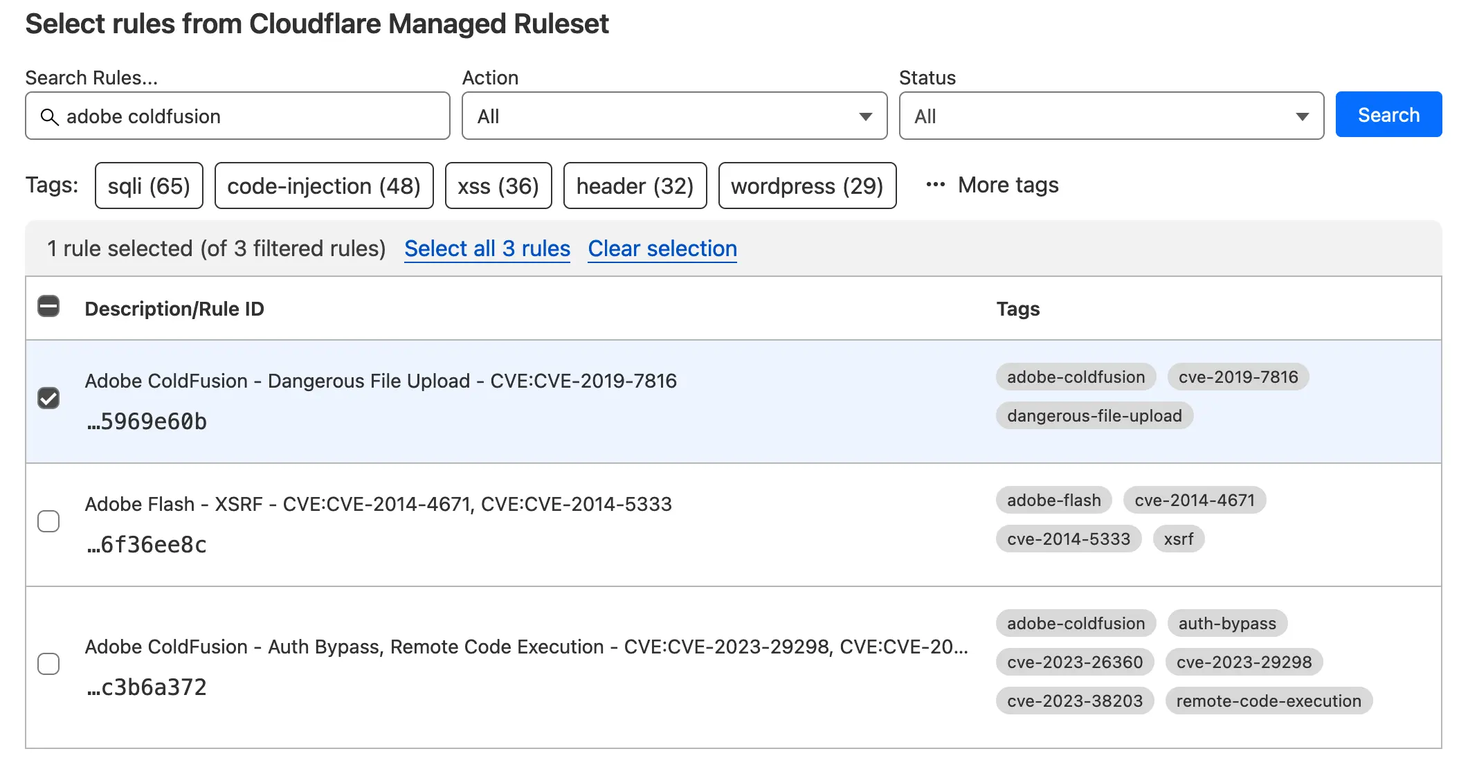 A screenshot of a cloud management dashboard featuring file zip uploads and Cloudflare's WAF (Web Application Firewall) solutions.