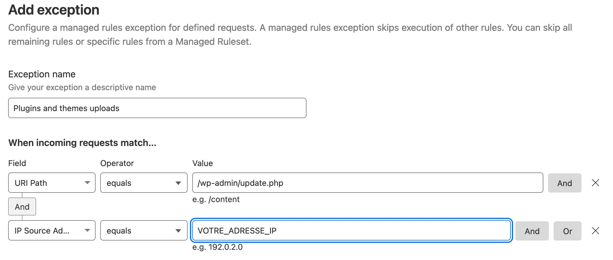 A screenshot of the WAF add exceptions page in Azure, allowing for the upload of zip files.