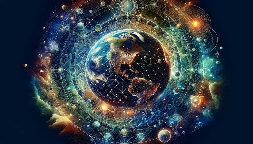 Une illustration complexe et détaillée représentant le concept de 'Géodésiques de la Terre et du Ciel'. L'image présente un mélange d'éléments célestes et terrestres.