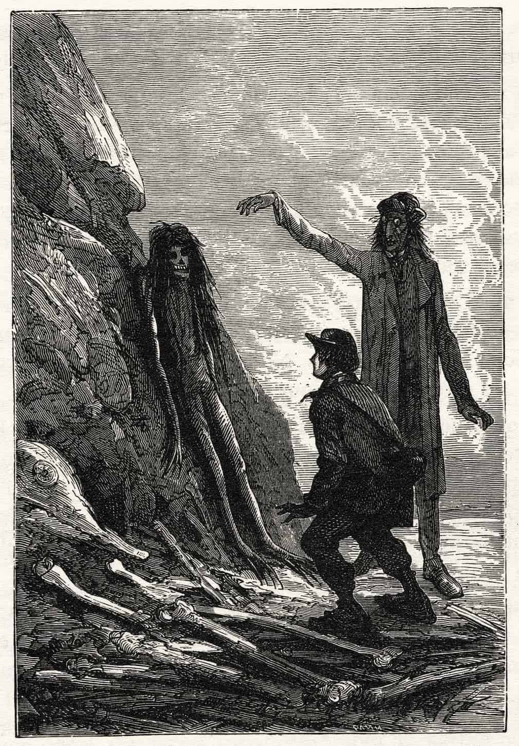 Une illustration en noir et blanc d'un homme désignant un corps humain parfaitement reconnaissable sur un rocher, dans Voyage au Centre de la Terre de Jules Verne