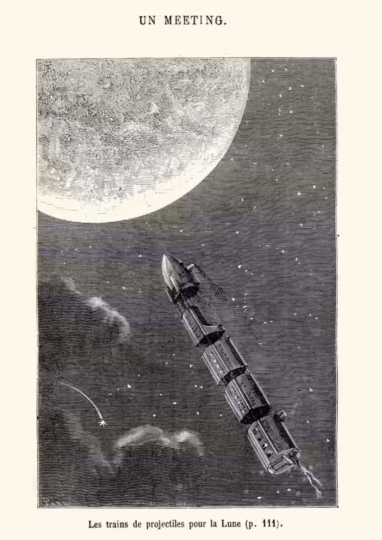 Un dessin d'un vaisseau spatial survolant la lune, inspiré des légendes imaginatives et des images à couper le souffle de Jules Verne.