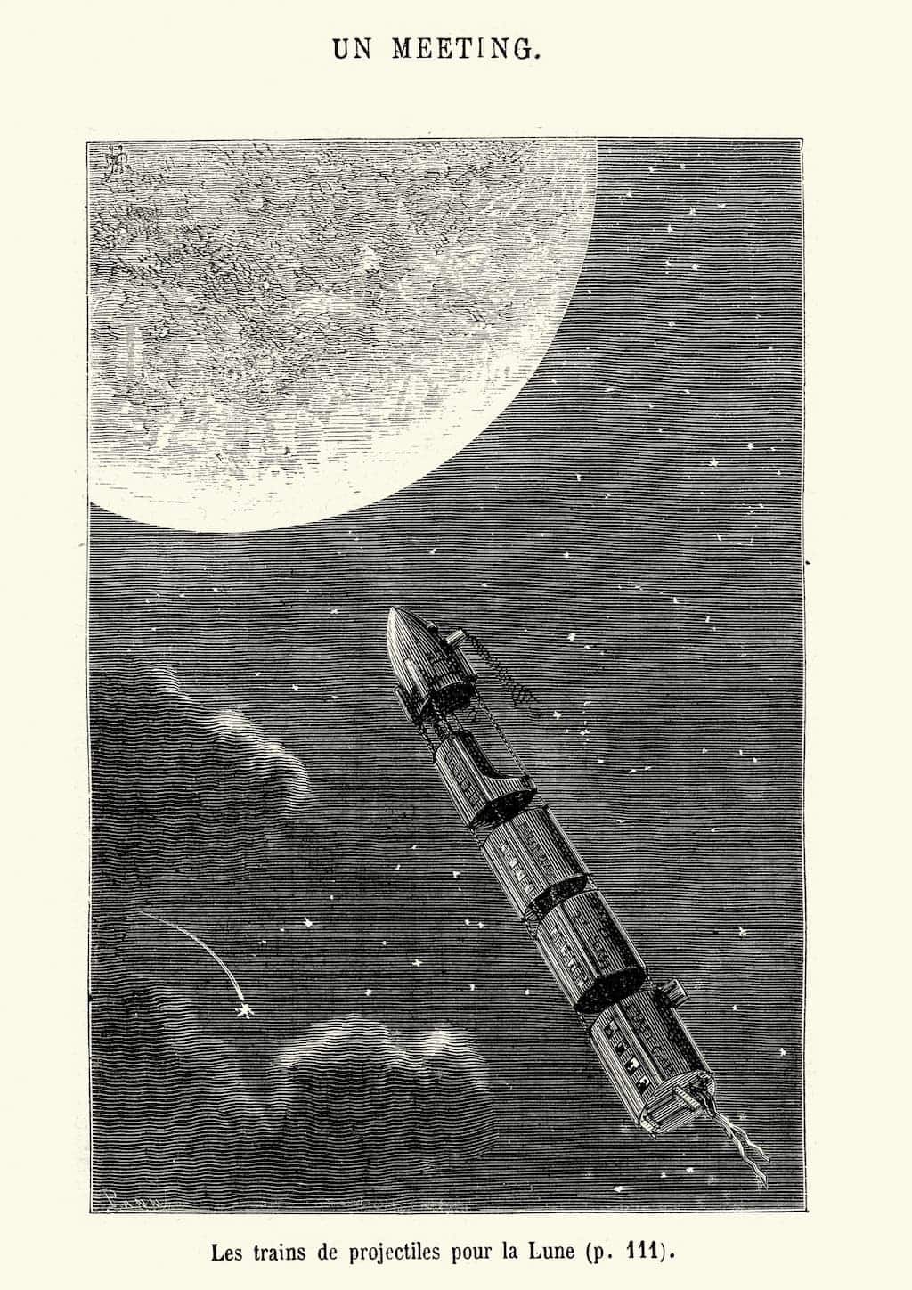 Un dessin d'un vaisseau spatial survolant la lune, inspiré des légendes imaginatives et des images à couper le souffle de Jules Verne.