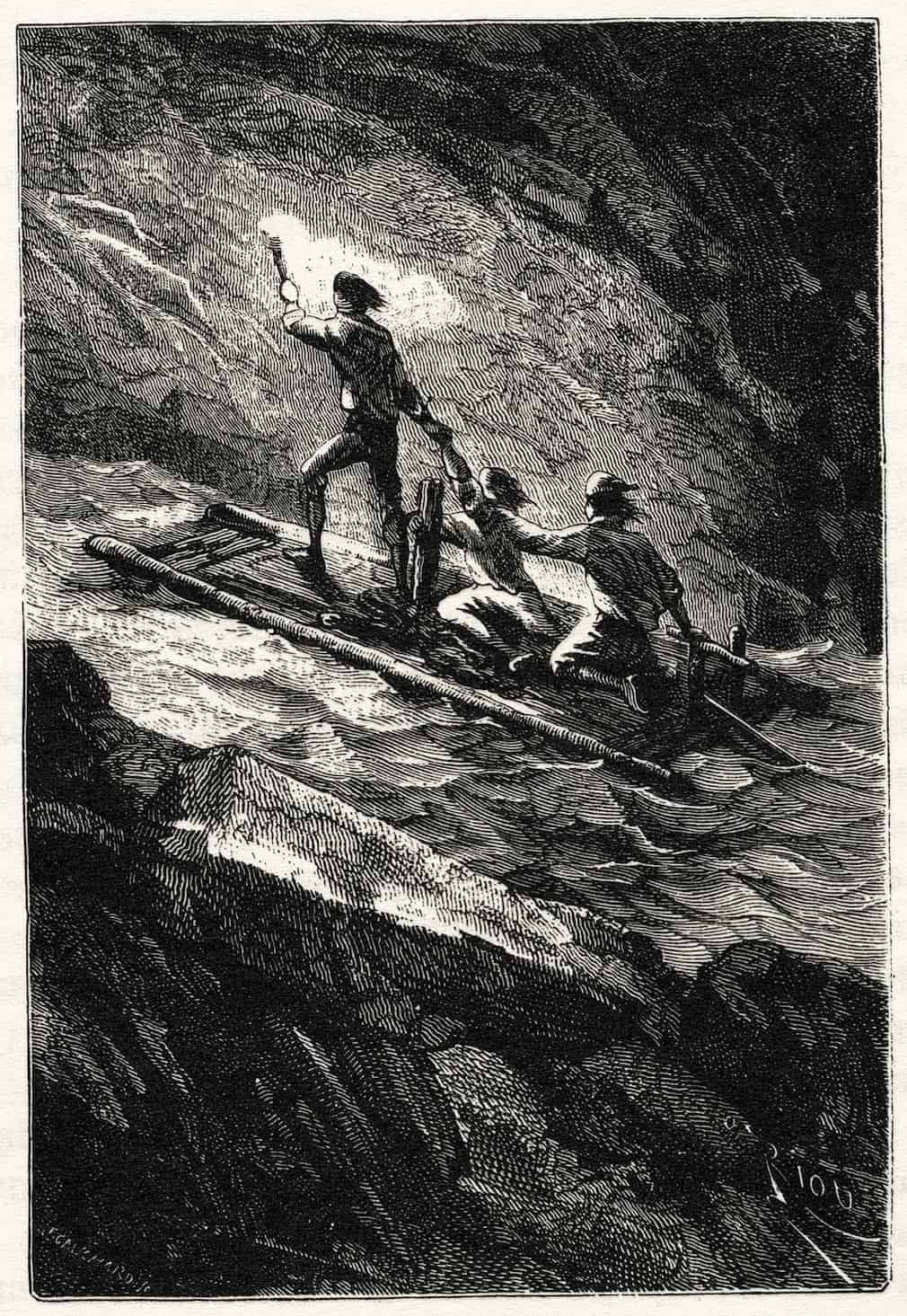 Illustration d'Axel, Lidenbrock, Hans sur un radeau dans Voyage au Centre de la Terre de Jules Verne