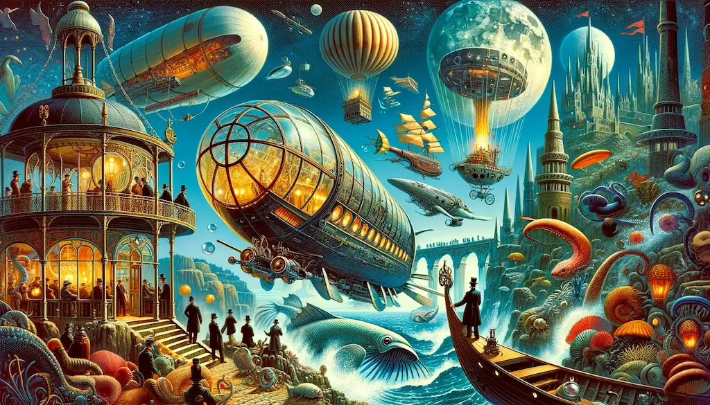 Un tableau représentant de nombreux ballons planant au dessus d'une ville imaginative, qui rappelle les voyages extraordinaires de Jules Verne à travers des mondes inventés.