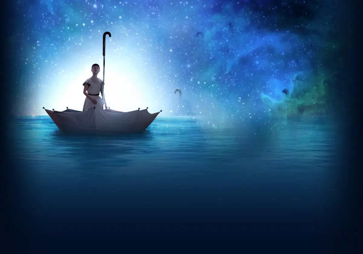 An image capturing the exploration of a man in a boat against the backdrop of stars, creating a Voyage Imaginaire.