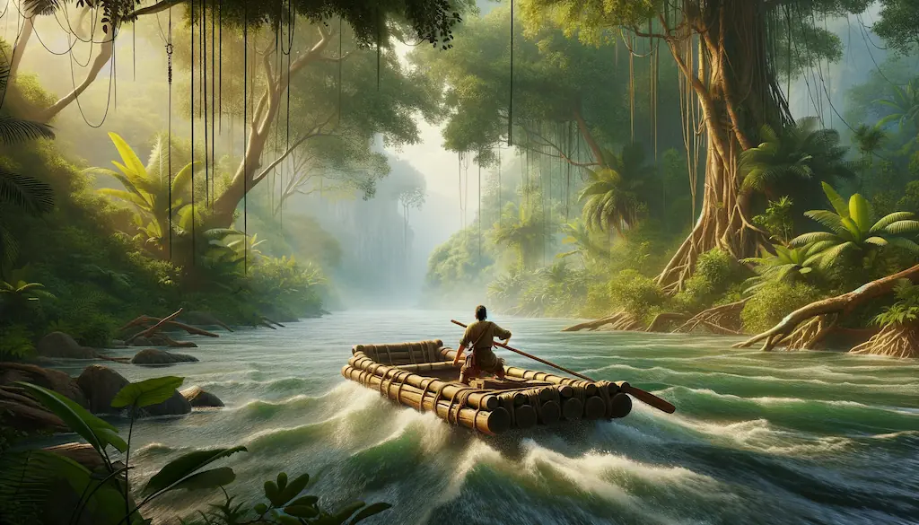 Un homme dans un canoë descend une rivière dans la jungle, montrant la vraisemblance de son voyage aventureux qui rappelle les contes de Sindbad.