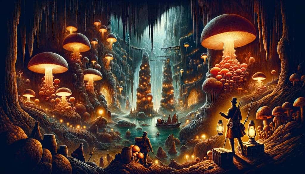 Illustration vernien imaginaire d'un homme dans une grotte avec des champignons.