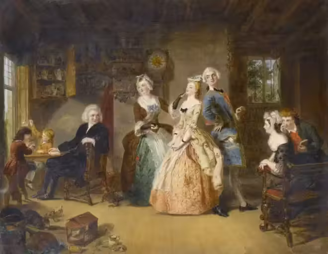 Une peinture représentant un groupe de personnes dans une pièce, dont un vicaire de Wakefield.