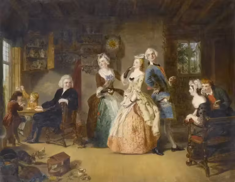 Une peinture représentant un groupe de personnes dans une pièce, dont un vicaire de Wakefield.