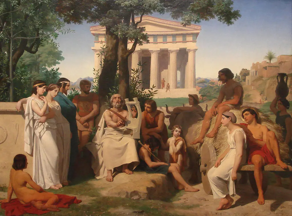 Tableau représentant un groupe de personnes devant un temple, inspiré de l'histoire et de la littérature de la Rome antique.