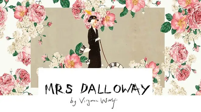 Mme Dalloway, une femme en costume, naviguant dans le temps avec une horloge et des fleurs.