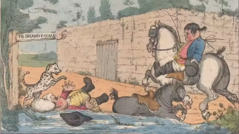 Un dessin animé inspiré du roman Tristram Shandy mettant en scène un homme chevauchant un cheval et un chien, créant un visuel anti roman amusant.