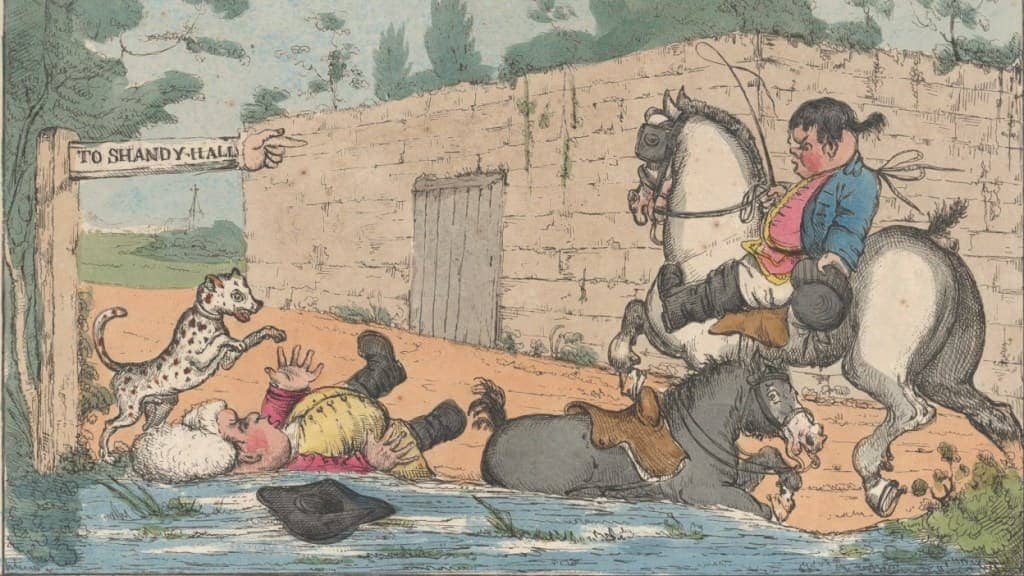Un dessin animé inspiré du roman Tristram Shandy mettant en scène un homme chevauchant un cheval et un chien, créant un visuel anti roman amusant.