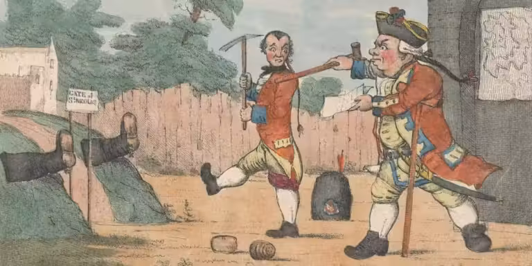 Un dessin animé parodique mettant en scène deux hommes jouant au croquet dans le style de Tristram Shandy.