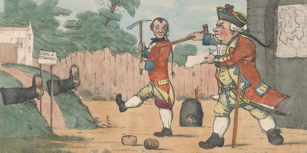 Un dessin animé parodique mettant en scène deux hommes jouant au croquet dans le style de Tristram Shandy.