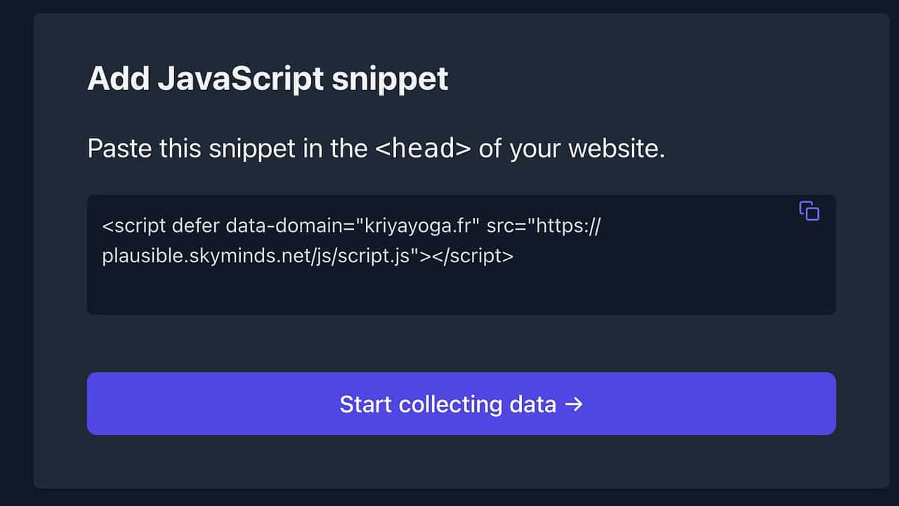 Ajoutez l’extrait Javascript Plausible Analytics à votre site Web.