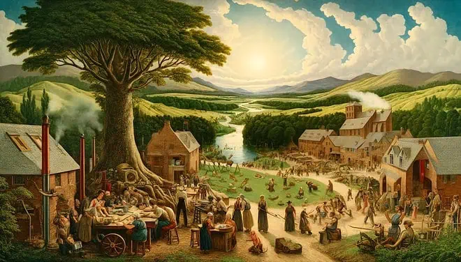 Une peinture vibrante représente un village médiéval utopique et animé sous un grand arbre, avec des citadins se livrant à diverses activités. Les gens dînent, conversent et travaillent près des maisons en briques et des sentiers sinueux. L’arrière plan présente des collines, une rivière sinueuse et un ciel nuageux et lumineux.