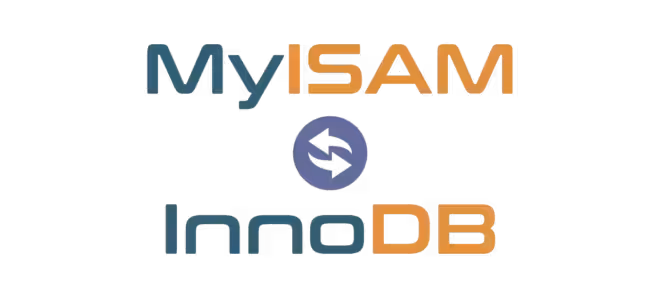 Graphique textuel comportant les mots « MyISAM » et « InnoDB » en grandes lettres, de style bleu et orange. Un symbole de flèche circulaire bleu foncé les relie, faisant allusion à une conversion ou une intégration dans les environnements WordPress.