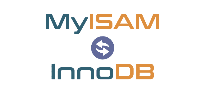Graphique textuel comportant les mots « MyISAM » et « InnoDB » en grandes lettres, de style bleu et orange. Un symbole de flèche circulaire bleu foncé les relie, faisant allusion à une conversion ou une intégration dans les environnements WordPress.