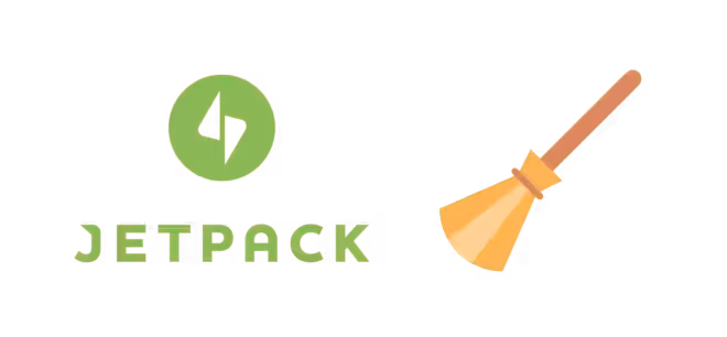 Un fond vert présente « Jetpack » dans une police élégante et stylisée à gauche, associée à une icône de balai à droite pour une touche de fantaisie. Au dessus du texte, un logo WordPress circulaire arbore un éclair audacieux à l'intérieur, offrant une ambiance électrique à votre expérience de désinstallation.