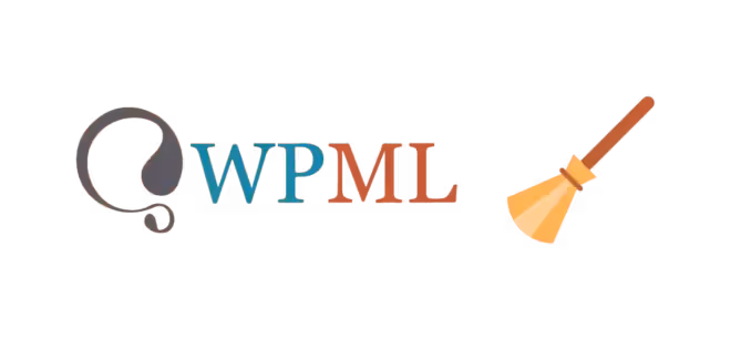 Image du logo montrant « WPML » avec chaque lettre dans des couleurs différentes : W en bleu, P en bleu sarcelle, M en orange et L en marron. Une bulle de dialogue stylisée gris foncé se trouve à gauche de « WPML ». Une icône de balai avec un manche en bois et des poils jaunes se trouve à droite, faisant allusion à la maintenance ou au nettoyage de WordPress.
