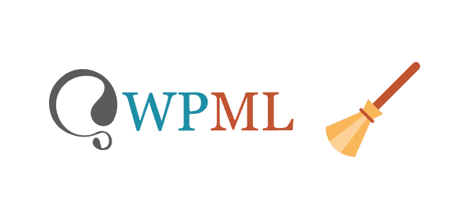 Image du logo montrant « WPML » avec chaque lettre dans des couleurs différentes : W en bleu, P en bleu sarcelle, M en orange et L en marron. Une bulle de dialogue stylisée gris foncé se trouve à gauche de « WPML ». Une icône de balai avec un manche en bois et des poils jaunes se trouve à droite, faisant allusion à la maintenance ou au nettoyage de WordPress.