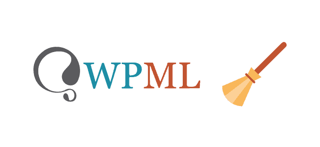 Image du logo montrant « WPML » avec chaque lettre dans des couleurs différentes : W en bleu, P en bleu sarcelle, M en orange et L en marron. Une bulle de dialogue stylisée gris foncé se trouve à gauche de « WPML ». Une icône de balai avec un manche en bois et des poils jaunes se trouve à droite, faisant allusion à la maintenance ou au nettoyage de WordPress.