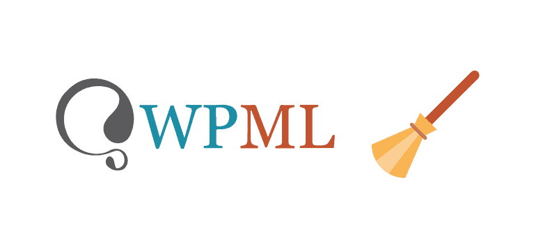Image du logo montrant « WPML » avec chaque lettre dans des couleurs différentes : W en bleu, P en bleu sarcelle, M en orange et L en marron. Une bulle de dialogue stylisée gris foncé se trouve à gauche de « WPML ». Une icône de balai avec un manche en bois et des poils jaunes se trouve à droite, faisant allusion à la maintenance ou au nettoyage de WordPress.