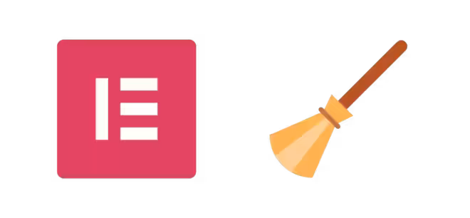 Un logo carré rose avec la lettre « E » en blanc se trouve à gauche, symbolisant Elementor. À droite, une illustration simple d'un balai avec un manche marron signifie nettoyer complètement.