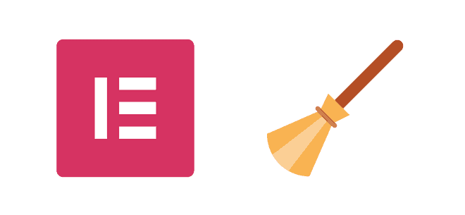 Un logo carré rose avec la lettre « E » en blanc se trouve à gauche, symbolisant Elementor. À droite, une illustration simple d'un balai avec un manche marron signifie nettoyer complètement.