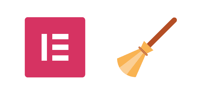 Un logo carré rose avec la lettre « E » en blanc se trouve à gauche, symbolisant Elementor. À droite, une illustration simple d'un balai avec un manche marron signifie nettoyer complètement.