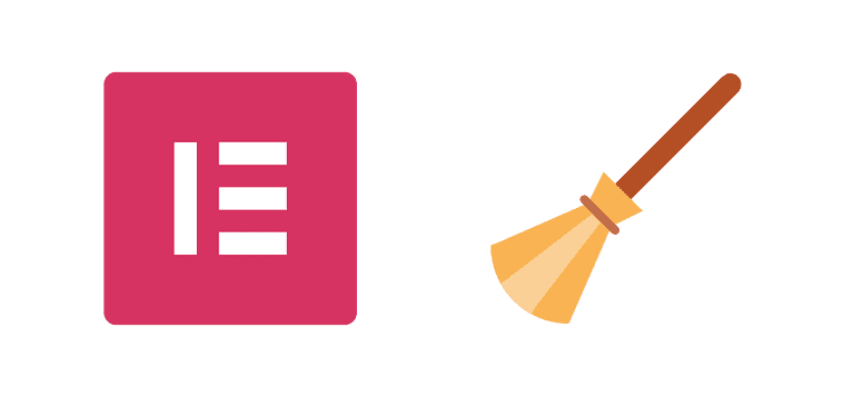 Un logo carré rose avec la lettre « E » en blanc se trouve à gauche, symbolisant Elementor. À droite, une illustration simple d'un balai avec un manche marron signifie nettoyer complètement.