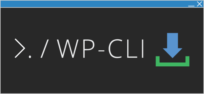 Une fenêtre de terminal stylisée affiche la commande « ./WP-CLI » en grand texte blanc. À côté, une flèche bleue pointant vers le bas pointe vers une barre horizontale verte, suggérant un téléchargement ou une installation via SSH. L'arrière-plan est gris foncé.