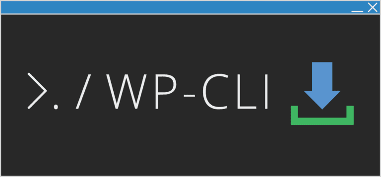 Une fenêtre de terminal stylisée affiche la commande « ./WP-CLI » en grand texte blanc. À côté, une flèche bleue pointant vers le bas pointe vers une barre horizontale verte, suggérant un téléchargement ou une installation via SSH. L'arrière-plan est gris foncé.