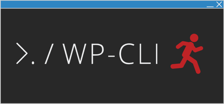 Une fenêtre de terminal stylisée affiche la commande « ./WP-CLI » en grand texte blanc, indiquant un audit de profil WordPress pour les problèmes de performances. À droite, un bonhomme allumette rouge s'exécute. La fenêtre comporte une barre de titre bleue et une icône de fermeture.