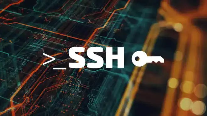 Illustration numérique avec des motifs de circuits géométriques dans les tons sarcelle et orange. Au premier plan, un texte blanc indique &quot;SSH&quot; avec un symbole d'invite de terminal à gauche et une icône de clé à droite, évoquant SSH-Audit et les étapes pour sécuriser le serveur SSH.