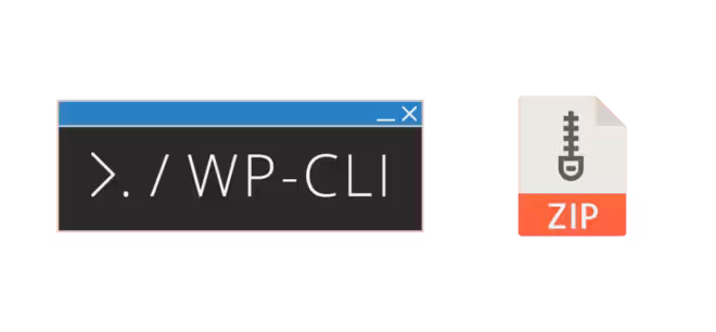 Une fenêtre de terminal stylisée avec "WP-CLI" à côté d'une icône de fichier ZIP - parfait pour sauvegarder vos extensions WordPress. La fenêtre du terminal a une barre de titre bleue, un fond noir, et l'icône ZIP grise et blanche comporte une étiquette "ZIP" rouge.